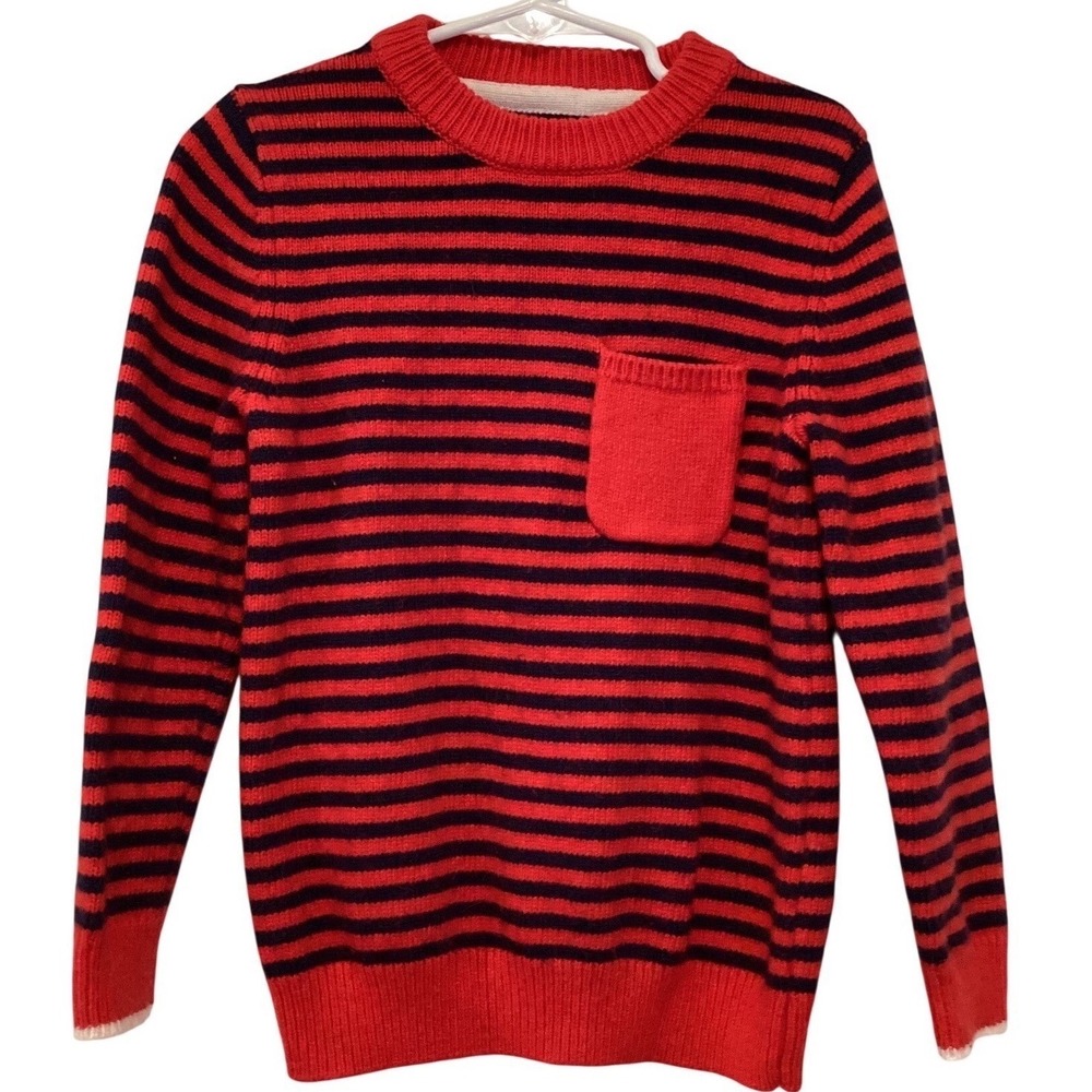 Boden Kids Red Navy Blue Striped Wool Alpaca Blend Pocket Sweater - 5-6 years